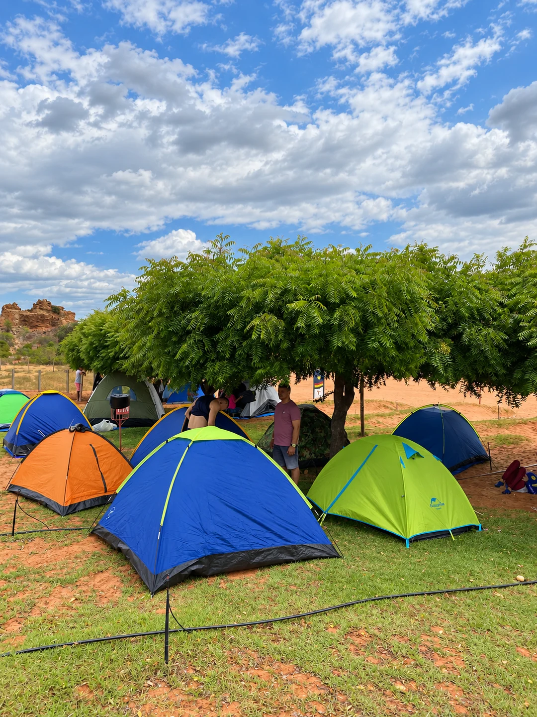 Barracas de camping à sombra das árvores no Sobrado