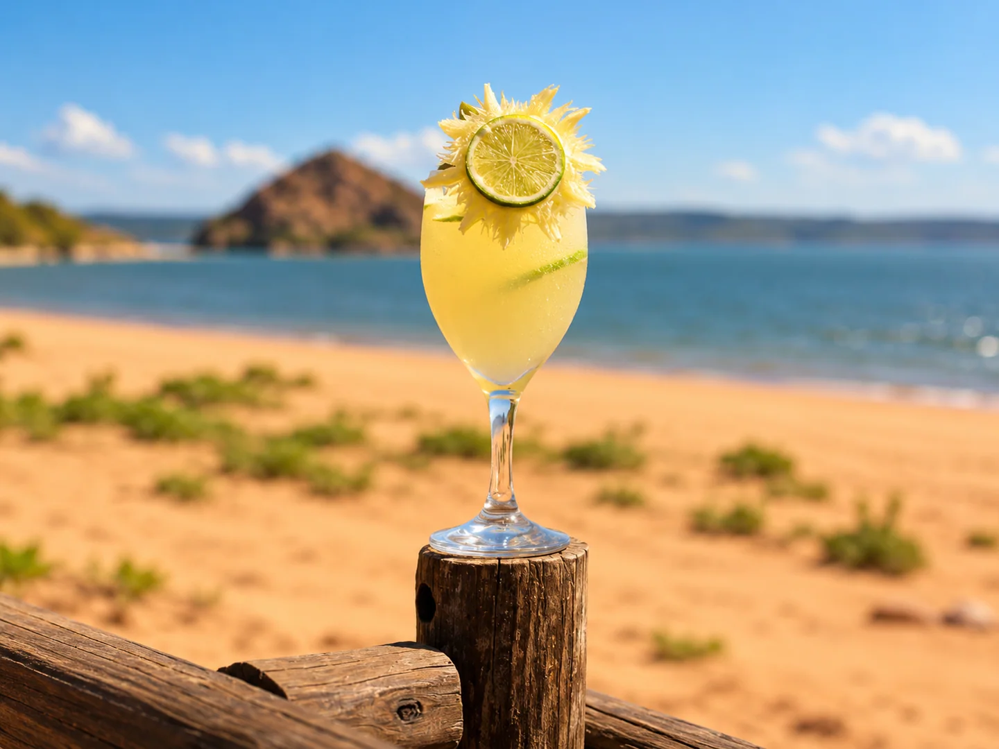 Drink cítrico com a Praia do Sobrado ao fundo