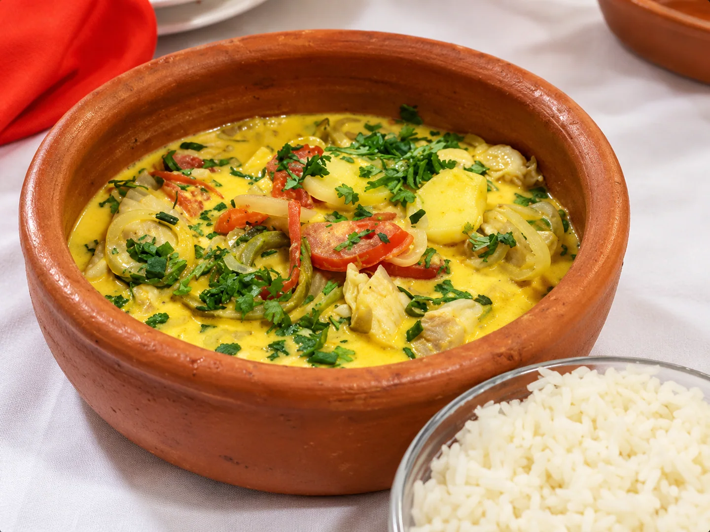 Moqueca em panela de barro acompanhada de arroz