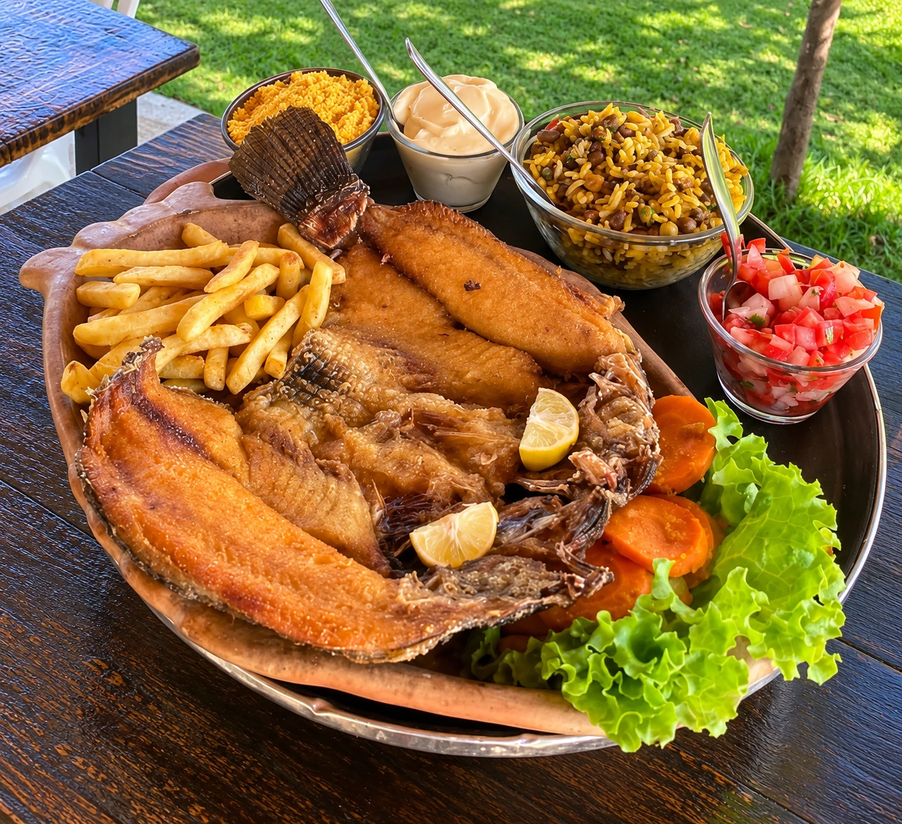 Prato de tilápia frita com batatas, salada e acompanhamentos do Sobrado