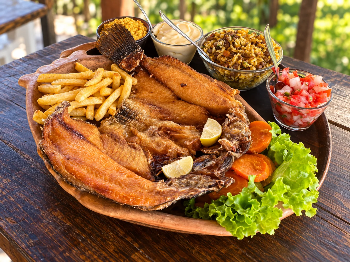 Tilápia frita com os acompanhamentos do Sobrado